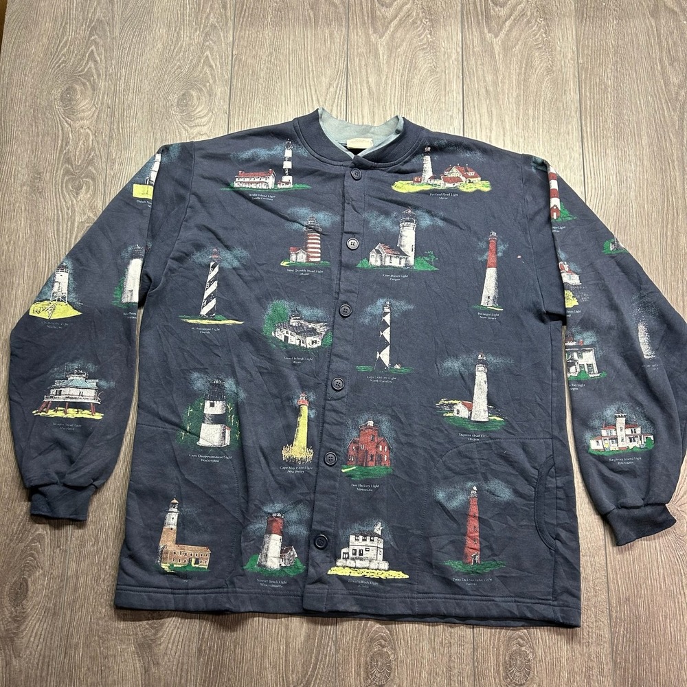 Vintage Art Unlimited Sportswear Lighthouses Sweatshirt Navy XL Button Front USA